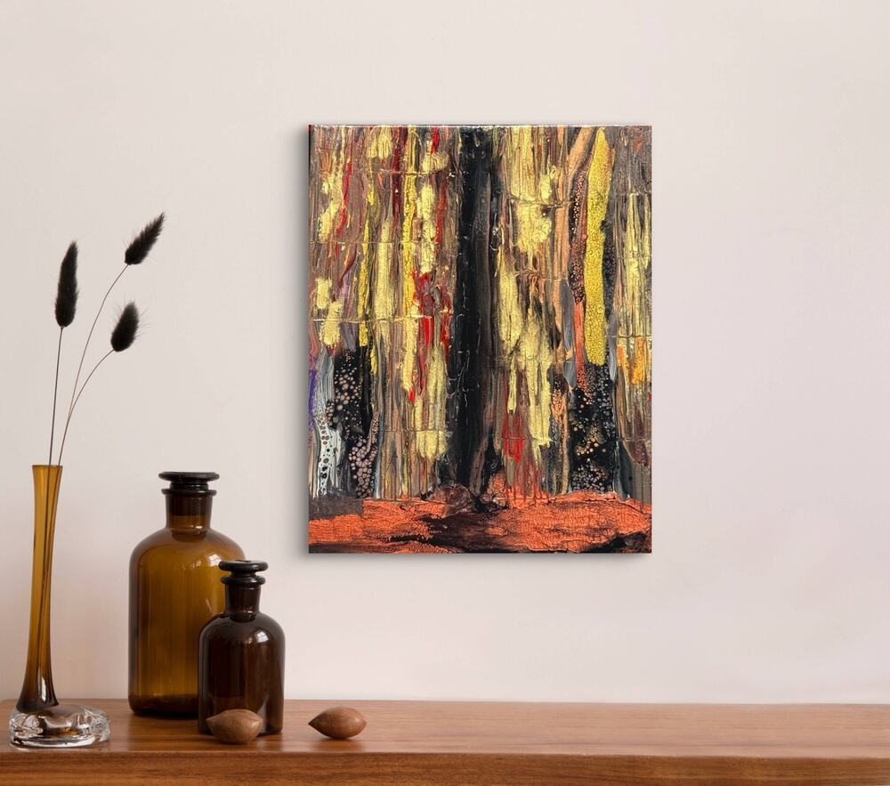 Golden Blaze One of a Kind Acrylic Abstract Art 16" x 20" Painting on Canvas